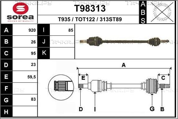 Полуось (привод в сборе, приводной вал) EAI передняя правая для Toyota Carina V (T170) 1987-1992. Артикул T98313