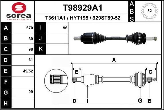 Полуось (привод в сборе, приводной вал) EAI. Артикул T98929A1