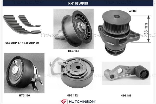 Помпа (водяной насос) с комплектом ремня ГРМ Hutchinson для Audi A2 2002-2005. Артикул KH 163WP88