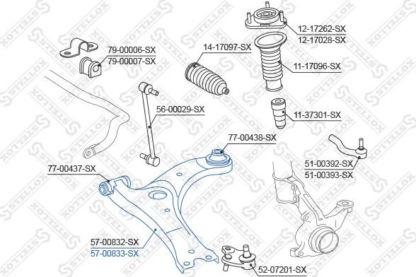 Поперечный рычаг передней подвески Stellox правый для Toyota Auris I 2006-2012. Артикул 57-00833-SX