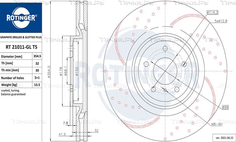 Тормозной диск Rotinger GRAPHITE DRILLED & SLOTTED PLUS передний для Infiniti FX II (S51) 2008-2013. Артикул RT 21011-GL T5