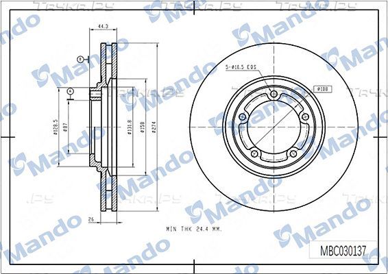 Тормозной диск Mando передний для Hyundai H-1 II 2008-2026. Артикул MBC030137