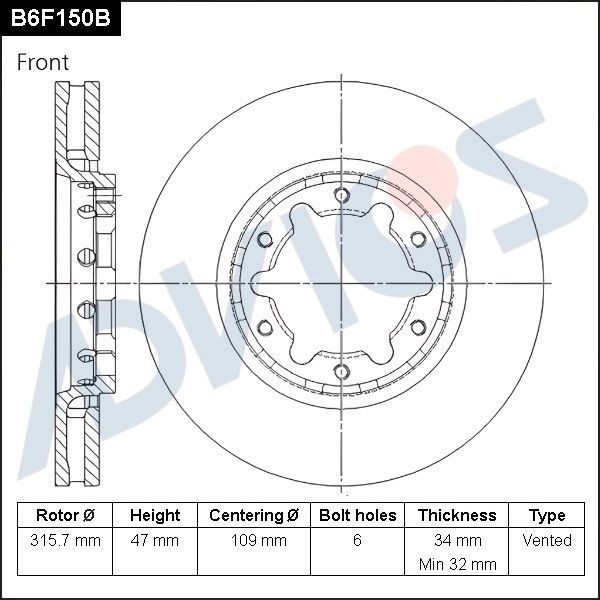 Тормозной диск Advics передний для Nissan Patrol Y61 2000-2026. Артикул B6F150B