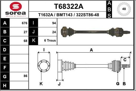 Полуось (привод в сборе, приводной вал) EAI. Артикул T68322A