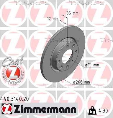 Тормозной диск Zimmermann Coat Z задний для Opel Mokka II 2020-2026. Артикул 440.3140.20