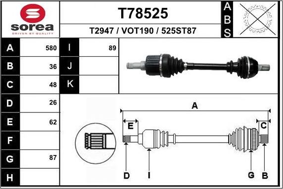 Полуось (привод в сборе, приводной вал) EAI. Артикул T78525