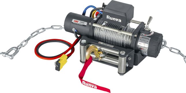 Переносная лебёдка РИФ: 12V Runva 10000 lbs 4500 кг c облегчённой площадкой на цепях и проводами (стальной трос) РИФ. Артикул EWX10000S-KIT1