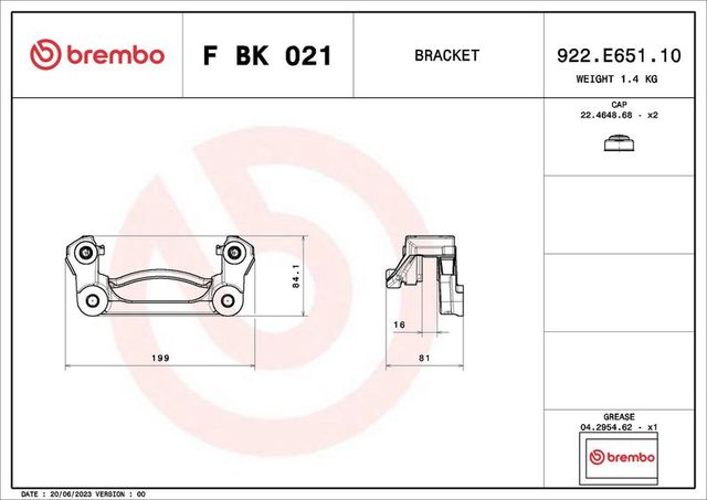 Скоба тормозного суппорта Brembo (Серый чугун) задняя правая/левая для Renault Master III 2010-2026. Артикул F BK 021