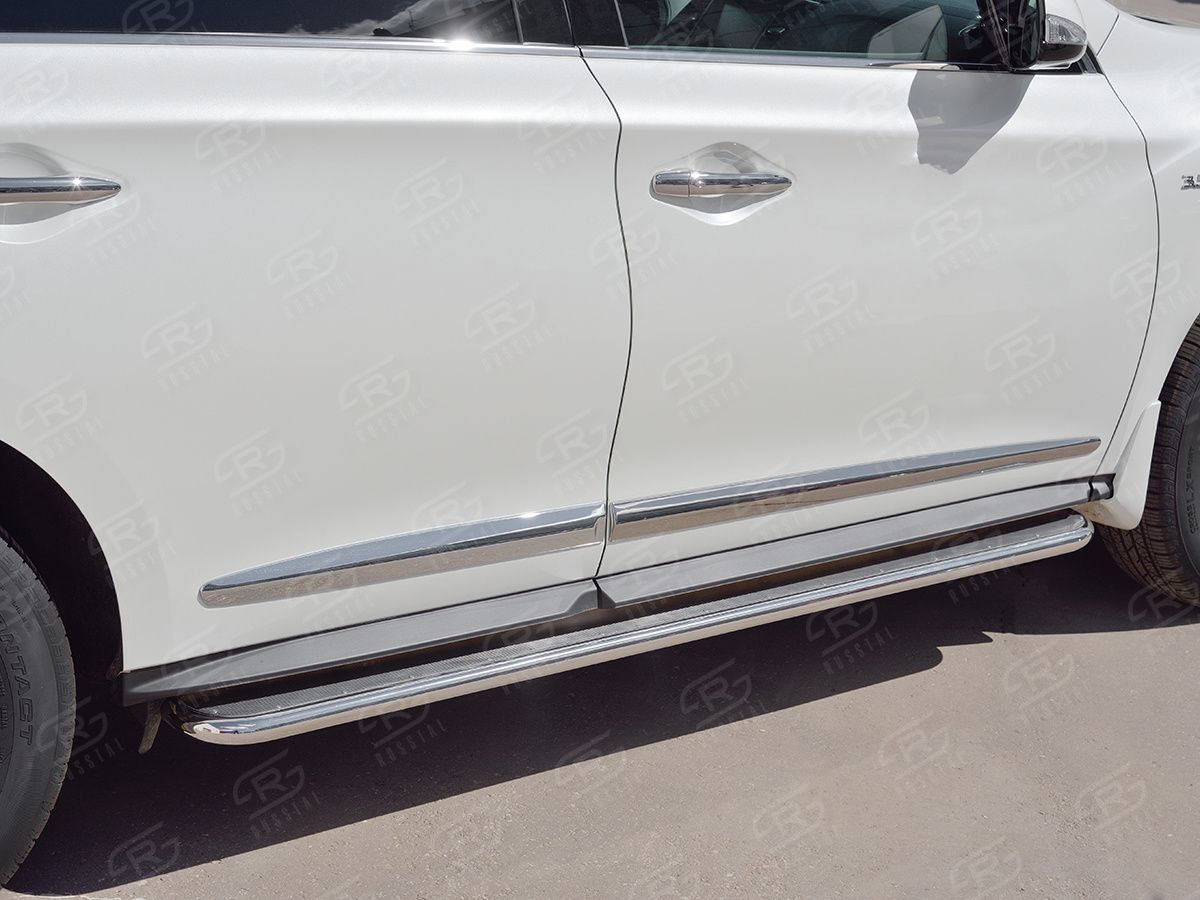 Защита порогов РусCталь труба d42 с листом (Лист алюм, проф. нерж) (вариант 3) для Infiniti QX60 2016-2026. Артикул IQXL-0026813