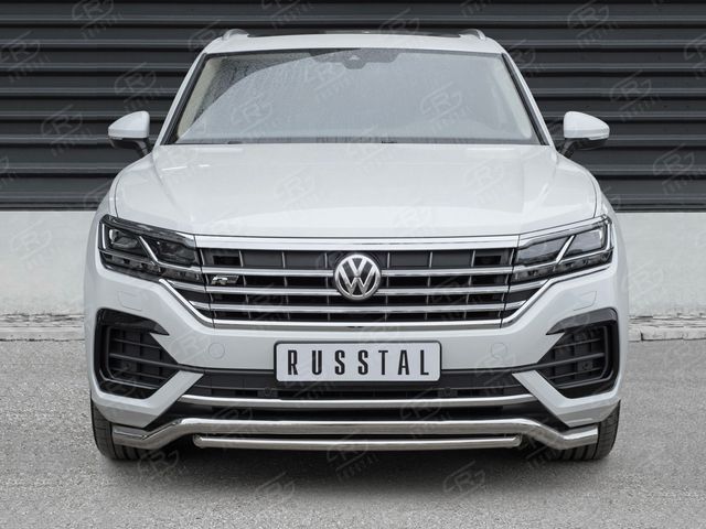 Защита РусCталь переднего бампера d63 волна-d42 дуга для Volkswagen Touareg III 2018-2026 (кроме 2.0 TSI). Артикул VWTZ-003058
