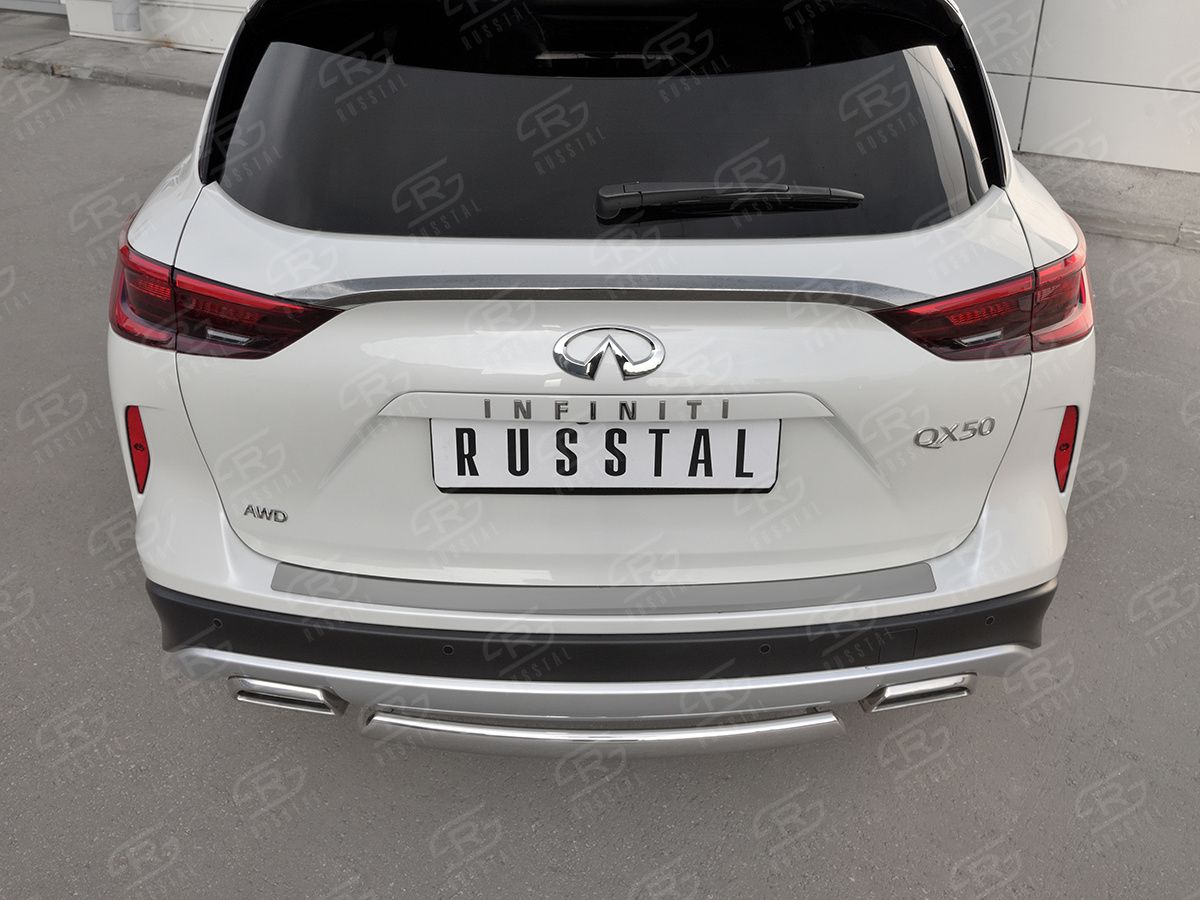 Накладка RusStal на задний бампер (лист нерж зеркальный) для Infiniti QX50 II 2018-2026. Артикул IQX5N-003087