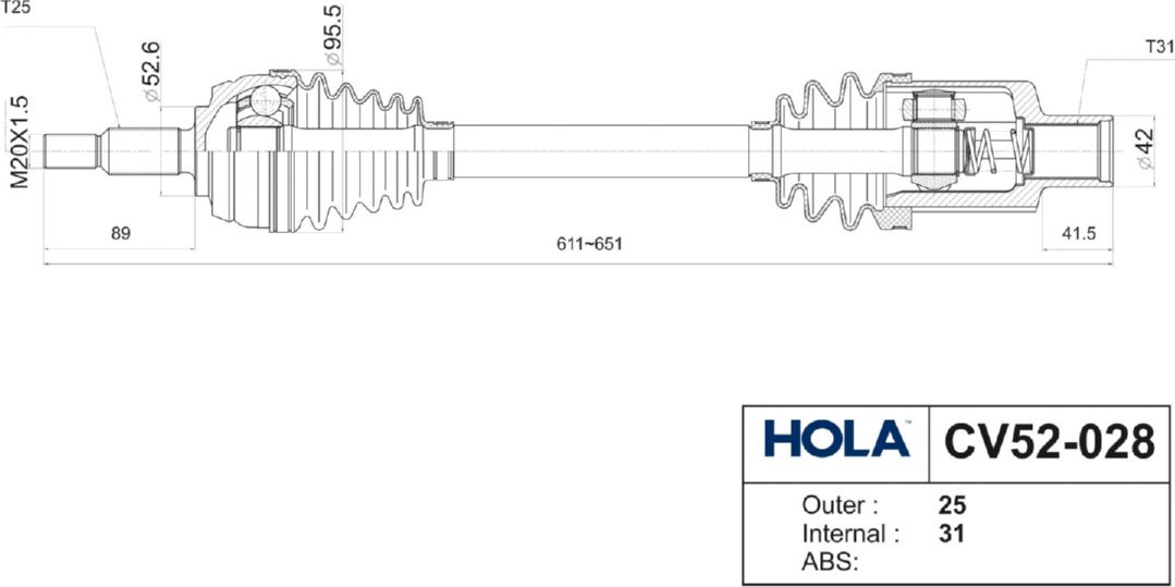 Полуось (привод в сборе, приводной вал) HOLA. Артикул CV52-028