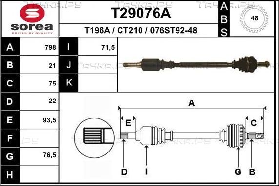Полуось (привод в сборе, приводной вал) EAI. Артикул T29076A
