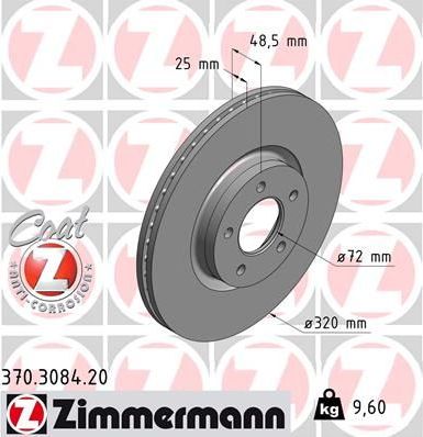 Тормозной диск Zimmermann Coat Z передний для Mazda 3 I (BK) 2006-2009. Артикул 370.3084.20
