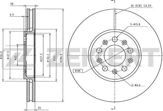 Тормозной диск Zekkert для Audi A1 I (8X) 2010-2018. Артикул BS-5030B