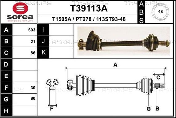 Полуось (привод в сборе, приводной вал) EAI. Артикул T39113A