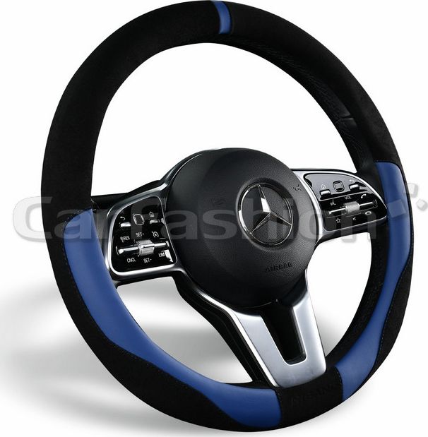 Оплётка на руль CarFashion Tag (размер M, искусственная замша/экокожа, цвет ЧЕРНЫЙ/СИНИЙ). Артикул 31605