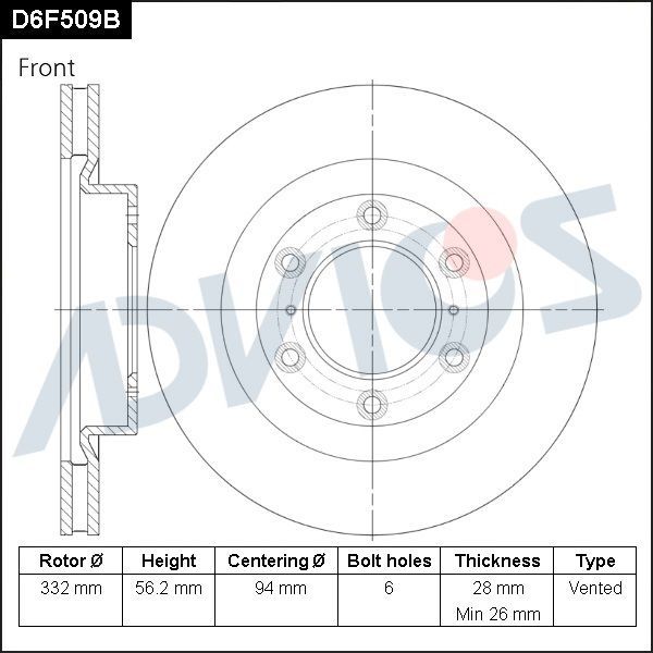 Тормозной диск Advics передний для Mitsubishi Pajero IV 2006-2026. Артикул D6F509B