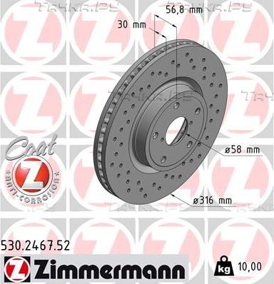 Тормозной диск Zimmermann SPORT Z передний для Subaru Legacy VI 2015-2026. Артикул 530.2467.52