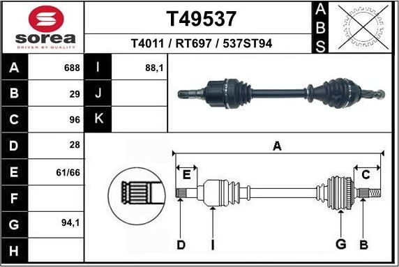 Полуось (привод в сборе, приводной вал) EAI. Артикул T49537