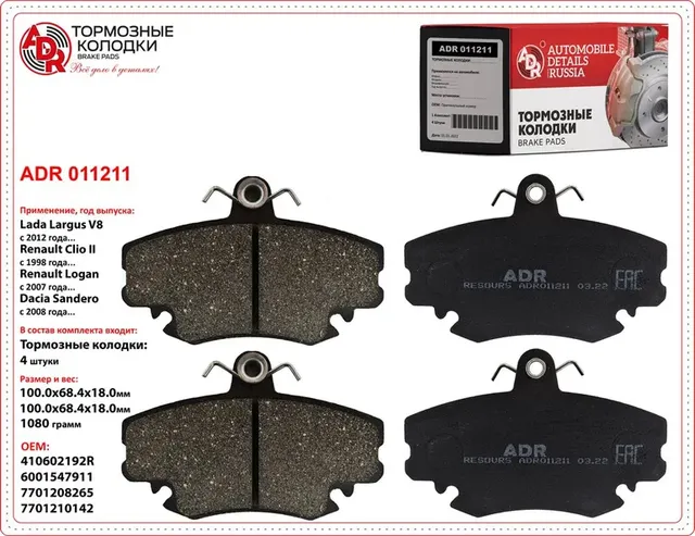 Колодки тормозные LADA Largus 8 кл. c ABS, RENAULT Logan (2004-), Sandero передн (ADR). Артикул ADR011211