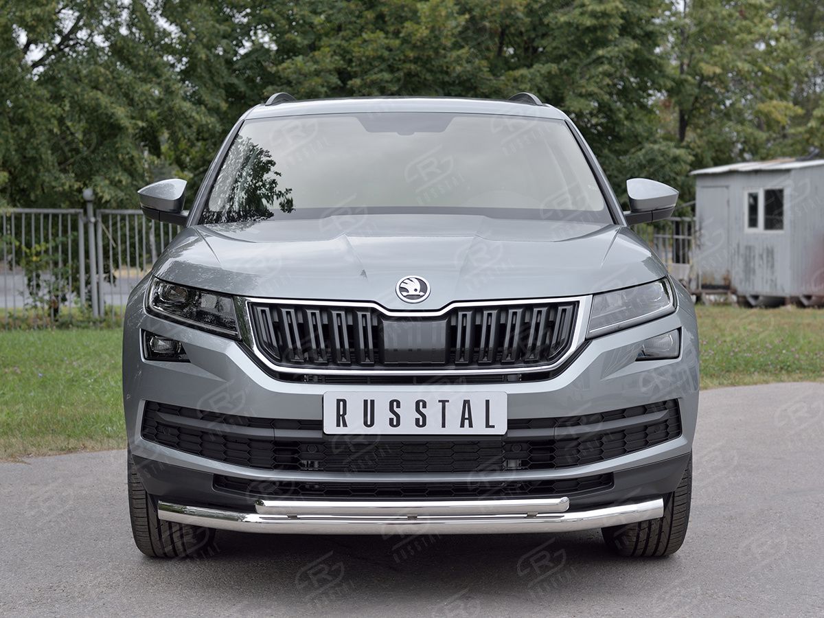Защита RusStal переднего бампера d63 секции - d42 дуга для Skoda Kodiaq 2017-2026. Артикул SKKZ-002768