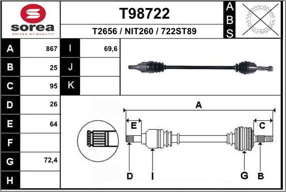 Полуось (привод в сборе, приводной вал) EAI. Артикул T98722