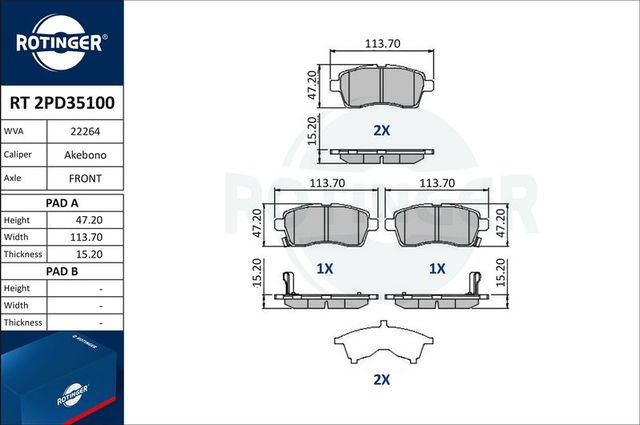 Тормозные колодки Rotinger передние для Suzuki Ignis III 2016-2026. Артикул RT 2PD35100