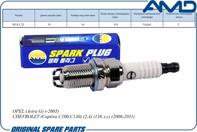 Свеча зажигания OPEL (Astra G) (-2005) CHEVROLET (Captiva C100,C140) (2,4) (136 (AMD). Артикул AMD.PL92