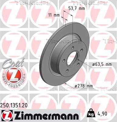 Тормозной диск Zimmermann Coat Z задний для Ford Transit Connect I 2002-2013. Артикул 250.1351.20