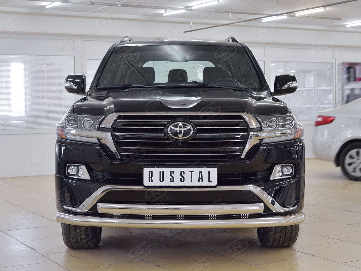 Защита RusStal переднего бампера d76 секции-d75х42 дуга+декор паз для Toyota Land Cruiser 200 2015-2021. Артикул TLCZ-002559