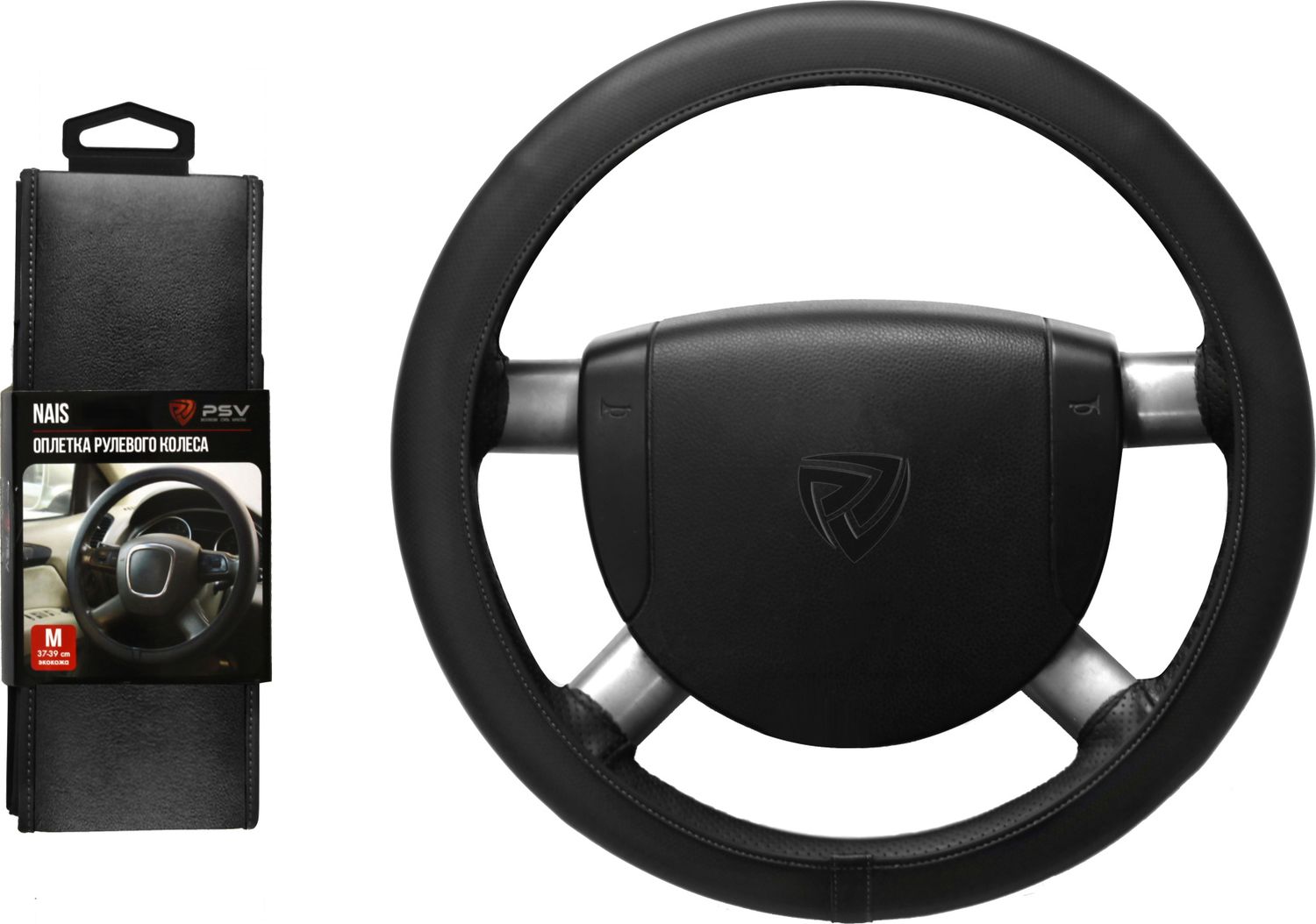 Оплётка на руль PSV Nais (размер M, экокожа, цвет ЧЕРНЫЙ/ЧЕРНЫЙ). Артикул 131738