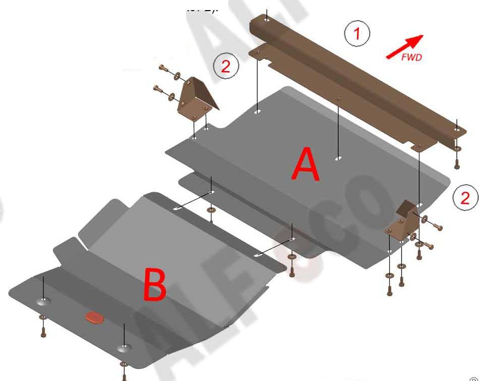 Защита алюминиевая Alfeco для картера двигателя и редуктора переднего моста Hyundai Terracan 2001-2007. Артикул ALF.10.27.2al