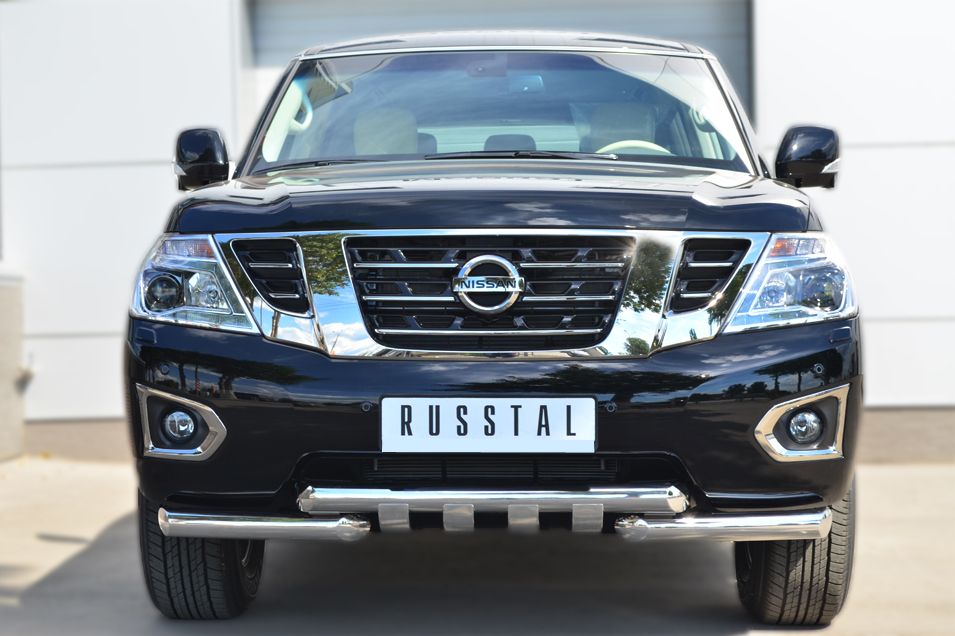 Защита RusStal переднего бампера d76 (дуга) d76х2 (дуга) + клыки для Nissan Patrol Y62 2014-2026. Артикул PATZ-001728