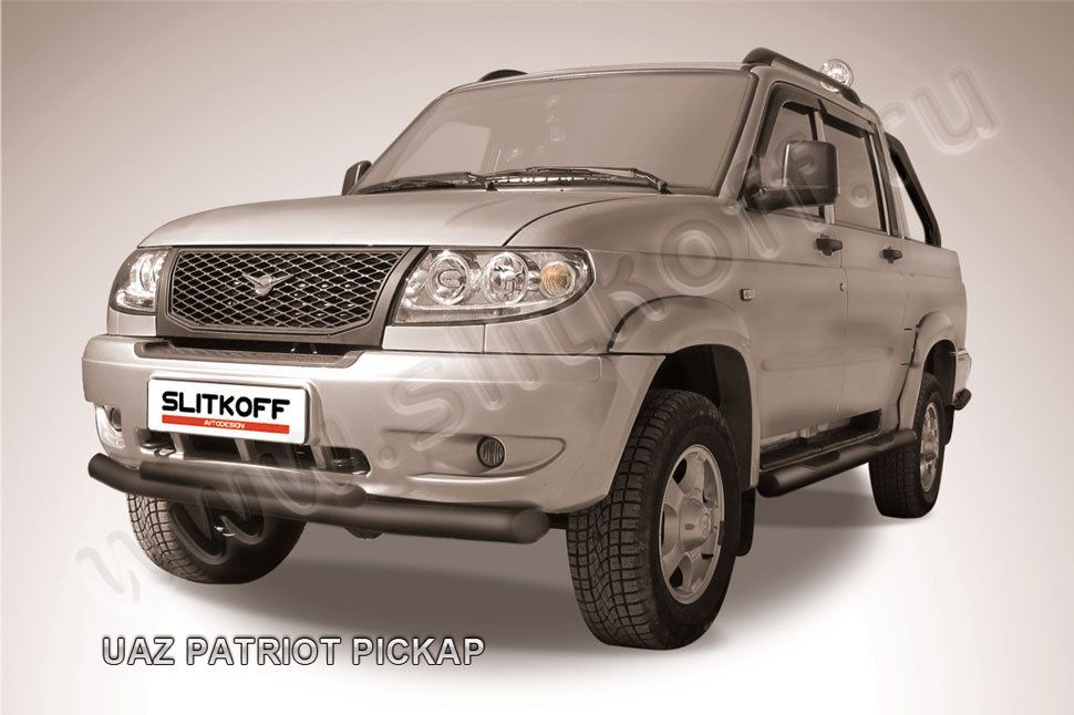 Защита Slitkoff переднего бампера d76/57 двойная ЧЕРНАЯ матовая для УАЗ Pickup 2007-2014. Артикул UPpic001B