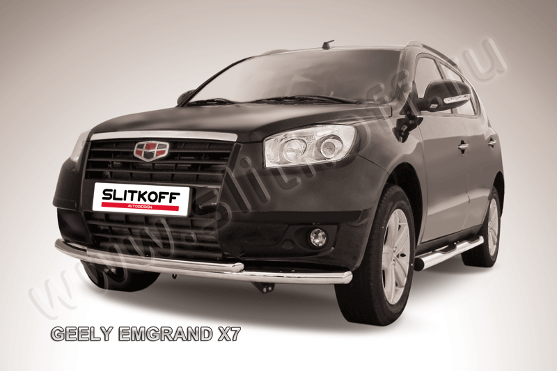Защита Slitkoff переднего бампера d57+d42 двойная радиусная для Geely Emgrand X7 2011-2016. Артикул GEX7006