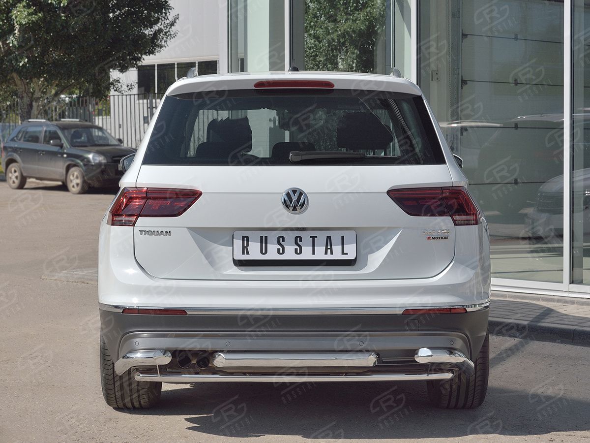 Защита RusStal заднего бампера d63/d42/d63 уголки для Volkswagen Tiguan II 2016-2020 (кроме Off Road). Артикул VGZ-002723