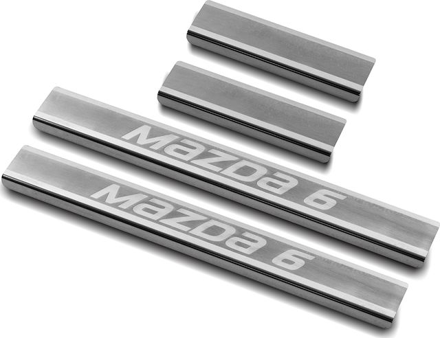 Накладки RusStal на пороги (лист нерж. шлифованный с надписью) для Mazda 6 III 2013-2026. Артикул MZD613-03