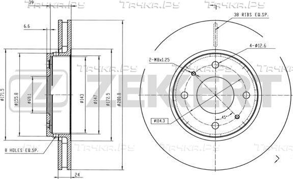 Тормозной диск Zekkert для Mitsubishi Carisma I 1995-2006. Артикул BS-5226B