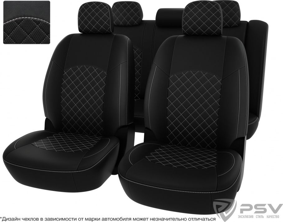 Чехлы PSV Оригинал на сидения для Lada Largus Норма/Люкс I до рестайлинга 2012-2021, цвет Черный/отстрочка белая. Артикул 130571