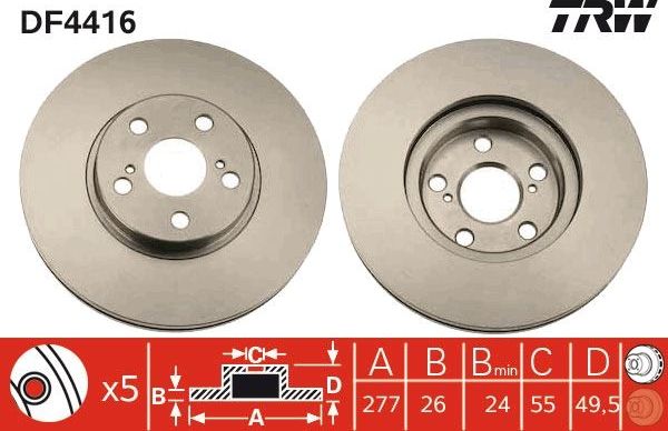 Тормозной диск TRW передний для Toyota Avensis II 2003-2008. Артикул DF4416