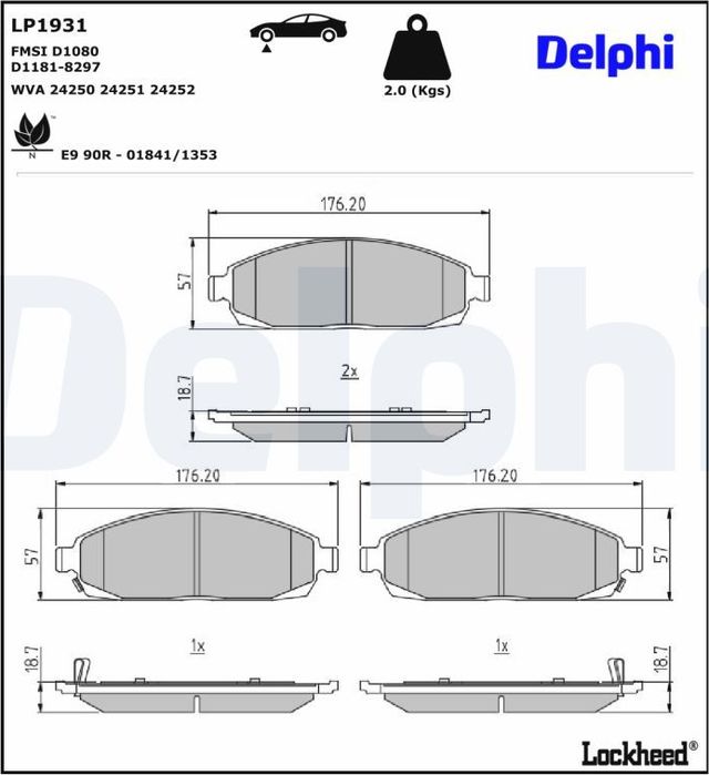 Тормозные колодки Delphi (Low-Metallic) для Jeep Commander XK, XH 2005-2010. Артикул LP1931