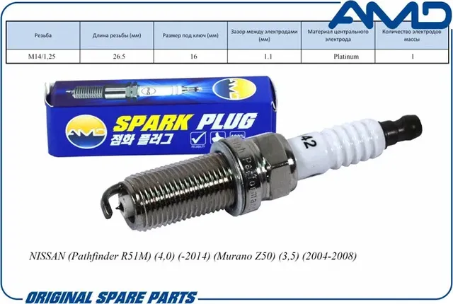 Свеча зажигания (Platinum) NISSAN (Pathfinder R51M) (4,0) (-2014) (Murano Z50) (AMD). Артикул AMD.PL142