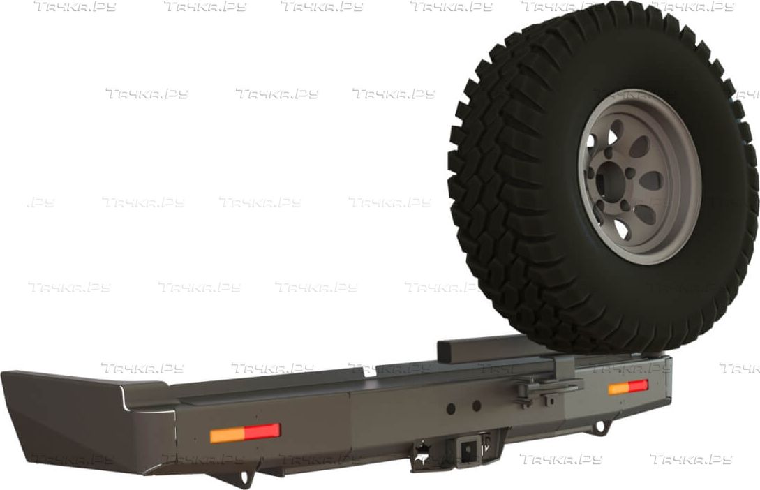 Бампер силовой STC задний для Mitsubishi L200 IV 2006-2015 с квадратом под фаркоп, кронштейном крепления запасного колеса по центру и кронштейном крепления гос номера. Артикул STC-ML200/06-BR-C1