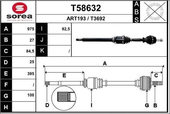 Полуось (привод в сборе, приводной вал) EAI. Артикул T58632