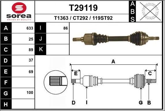 Полуось (привод в сборе, приводной вал) EAI. Артикул T29119