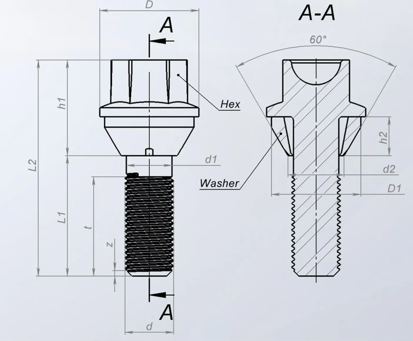Болт колесный M14x1.5x30x61. конус подвижный. кл.19. дакромет для а/м Volvo (Airline). Артикул ABLT022