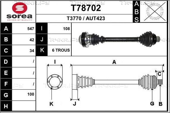 Полуось (привод в сборе, приводной вал) EAI. Артикул T78702