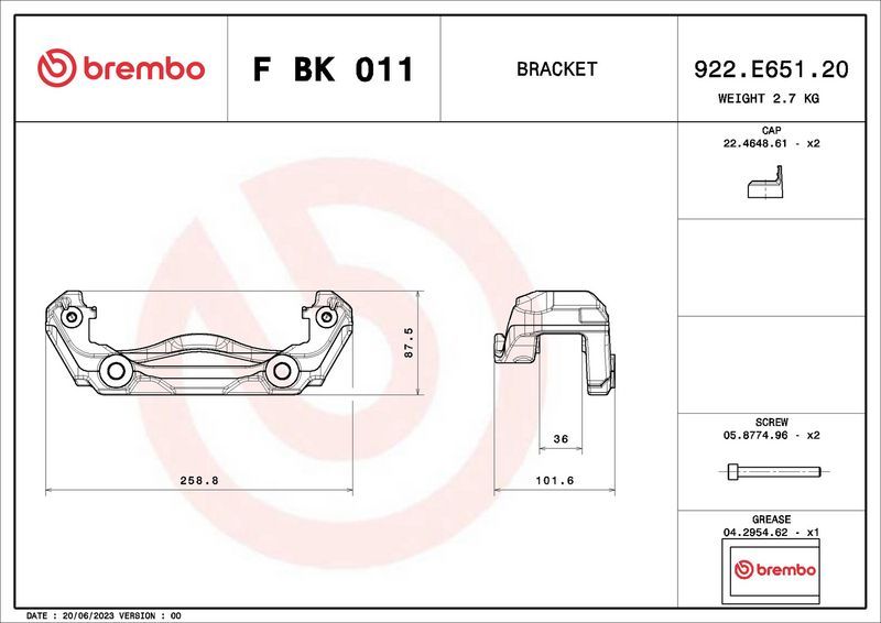 Скоба тормозного суппорта Brembo (Серый чугун). Артикул F BK 011
