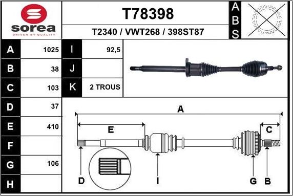 Полуось (привод в сборе, приводной вал) EAI. Артикул T78398
